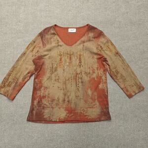 Cactus Bay Women's Western Orange Top Shirt 3/4 Sleeves Size XL V Neck